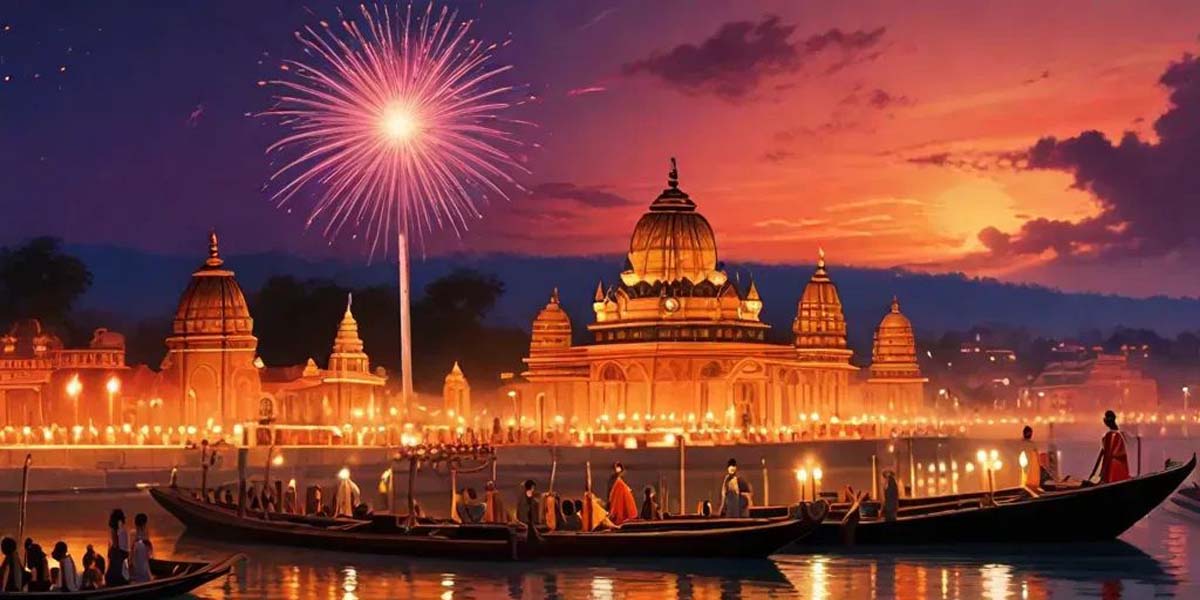 A breathtaking evening scene of Ayodhya during the Ramotsav celebration. The sacred Ram Ki Paidi ghat along the banks of the Sarayu River is glowing with 2.5 lakh oil lamps (diyas) arranged in perfect symmetrical patterns, creating a magical golden reflection on the water. In the background, beautifully illuminated temples, including the Ram Mandir and Hanuman Garhi, shine under the night sky filled with gentle fireworks. Devotees dressed in traditional Indian attire walk with devotion, some offering prayers, others capturing the divine moment. The air is filled with the scent of flowers and incense, and the ambiance is spiritual, festive, and serene. Style: Ultra realistic, high detail, vibrant colors, golden glow, dusk setting Mood: Devotional, majestic, magical